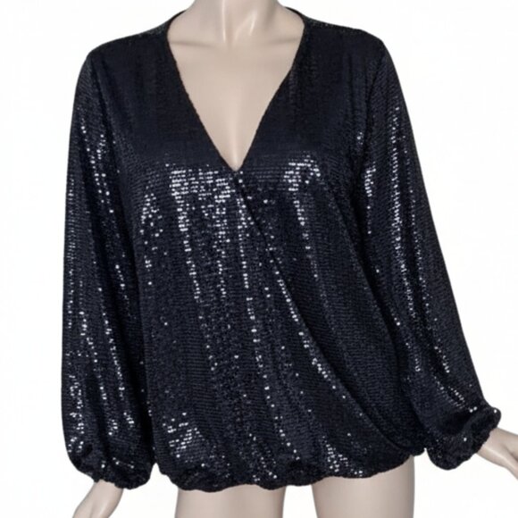 Glam NWT INC Plus Size 1X Sequin Faux Wrap Puffed Sleeves Evening Wear Blouse - Picture 3 of 6